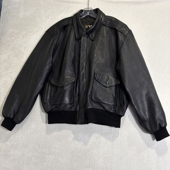 US Wings Men’s Black Leather Bomber Flight Jacket Size XXL - Picture 1 of 16